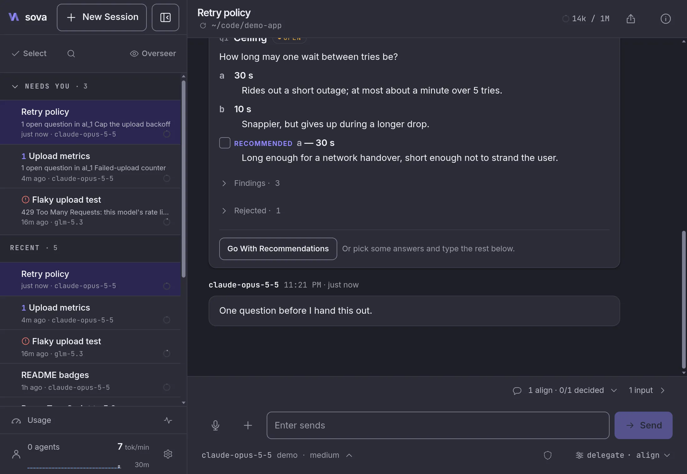 An alignment card in the chat: what the agent found, its approach, a rejected alternative, and an open question with 2 options and a recommendation.