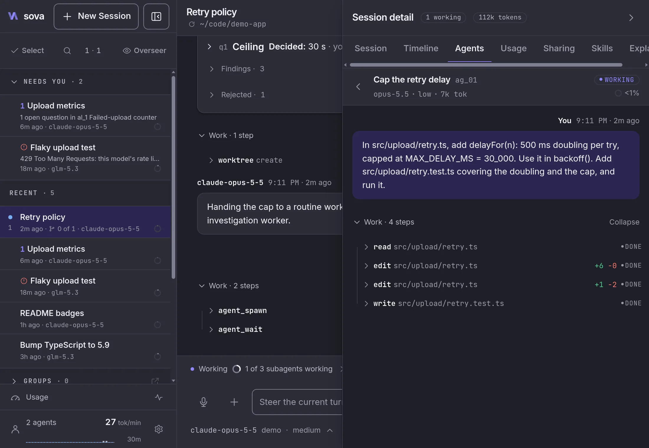 The Agents tab beside a Delegate session: 3 workers with their model, tokens and state, and the working worker's transcript: its task, a read, 2 edits and a new test file.