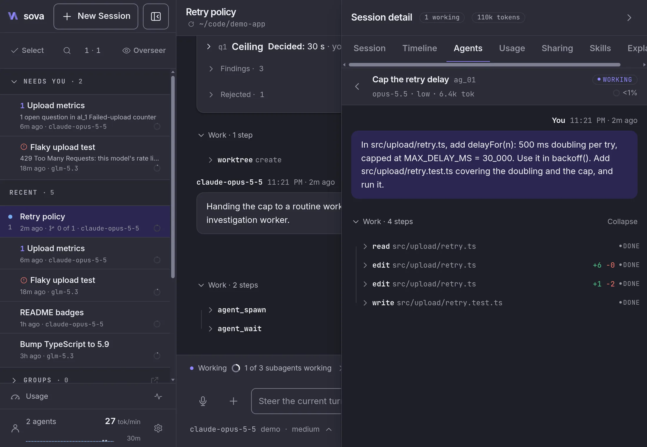The Agents tab beside a Delegate session: 3 workers with their model, tokens and state, and the working worker's transcript: its task, a read, 2 edits and a new test file.