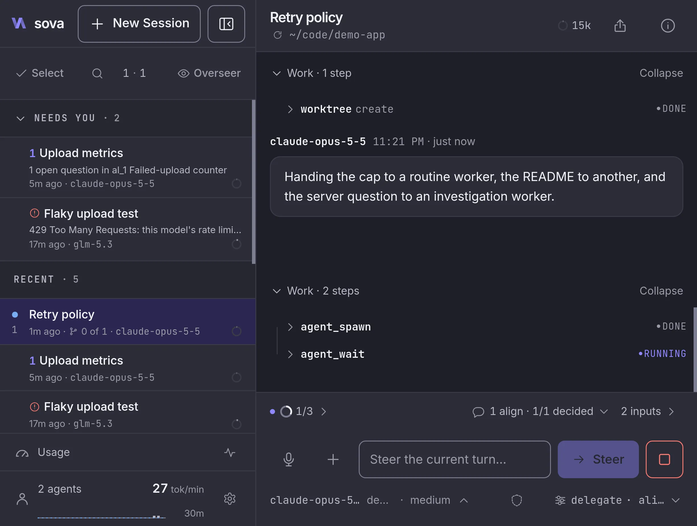 The same session on an unfolded foldable: the sidebar on the left and the chat on the right, waiting on its workers.