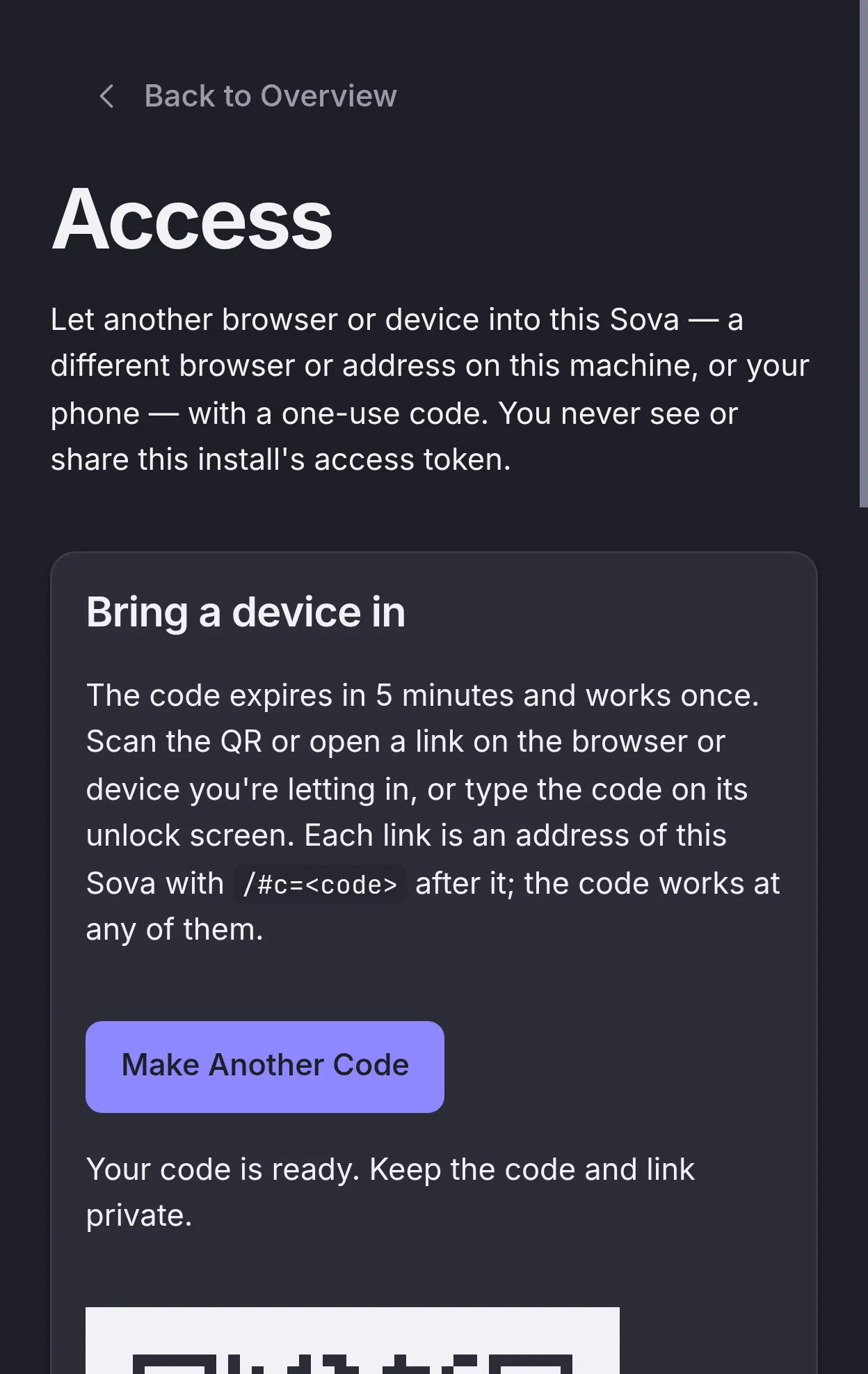 The Access page on a phone: a one-use pairing code, its QR and the link to open it.