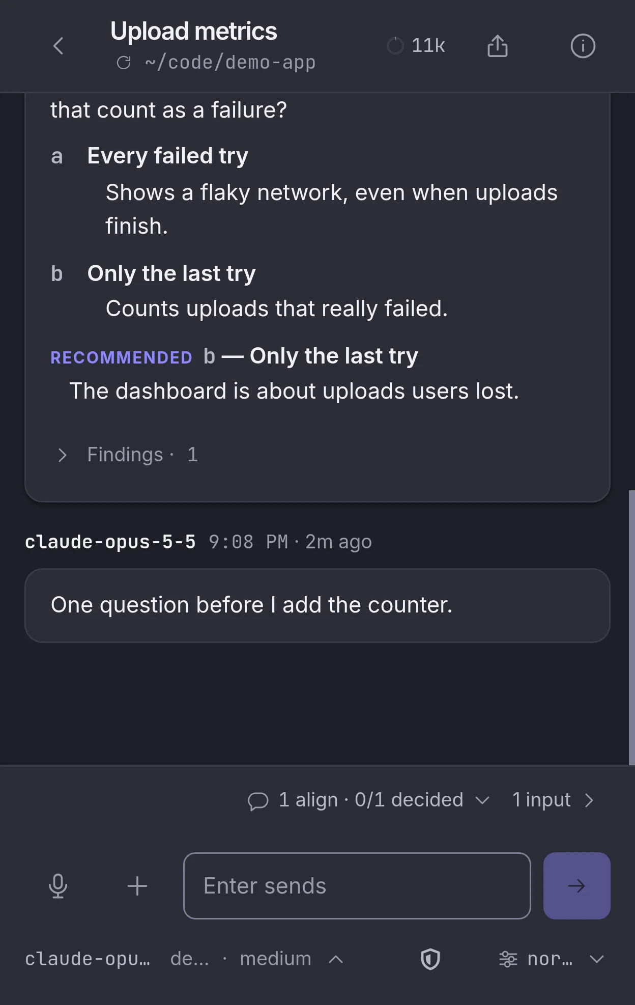 A session on a phone, waiting on an open question with 2 options and a recommendation.